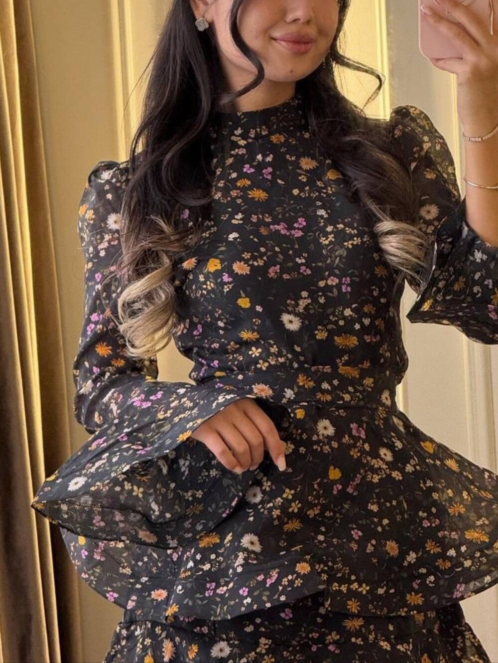 Casual Printed Long Bow Dress Women Chic V-Neck Short Puff Sleeve Waist-Closed - Picture 4 of 13